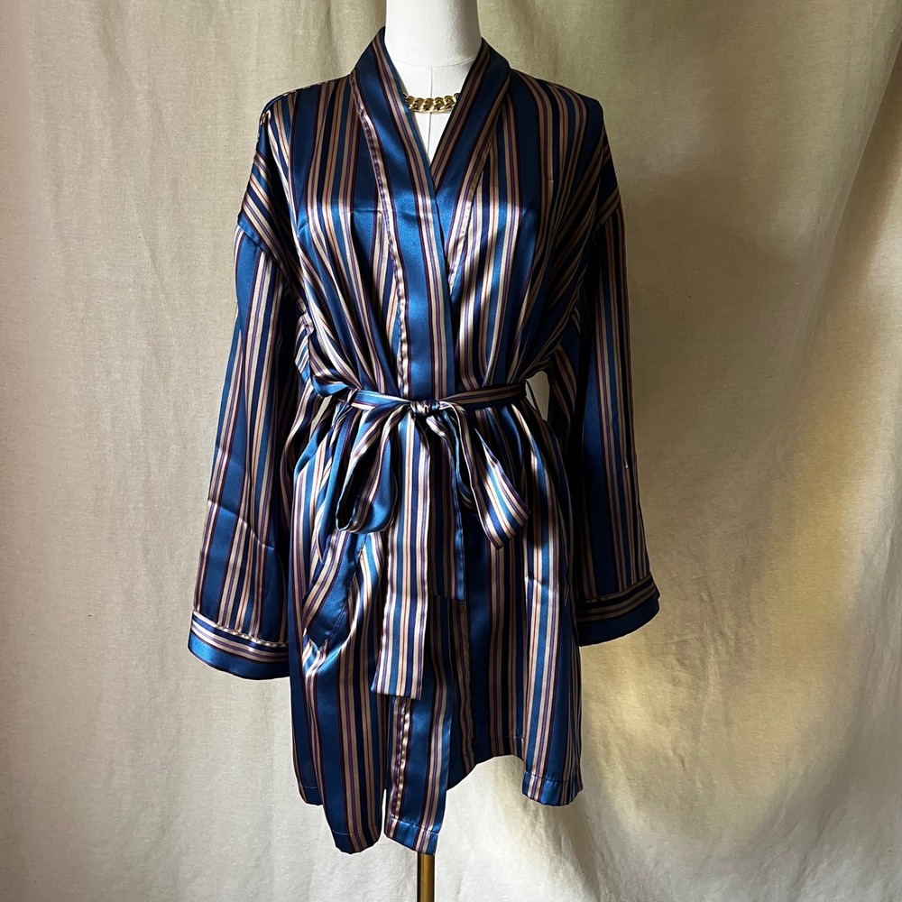 Vintage‎ 1996 Victoria's Secret Satin Striped Robe Blue Beige Belted OS